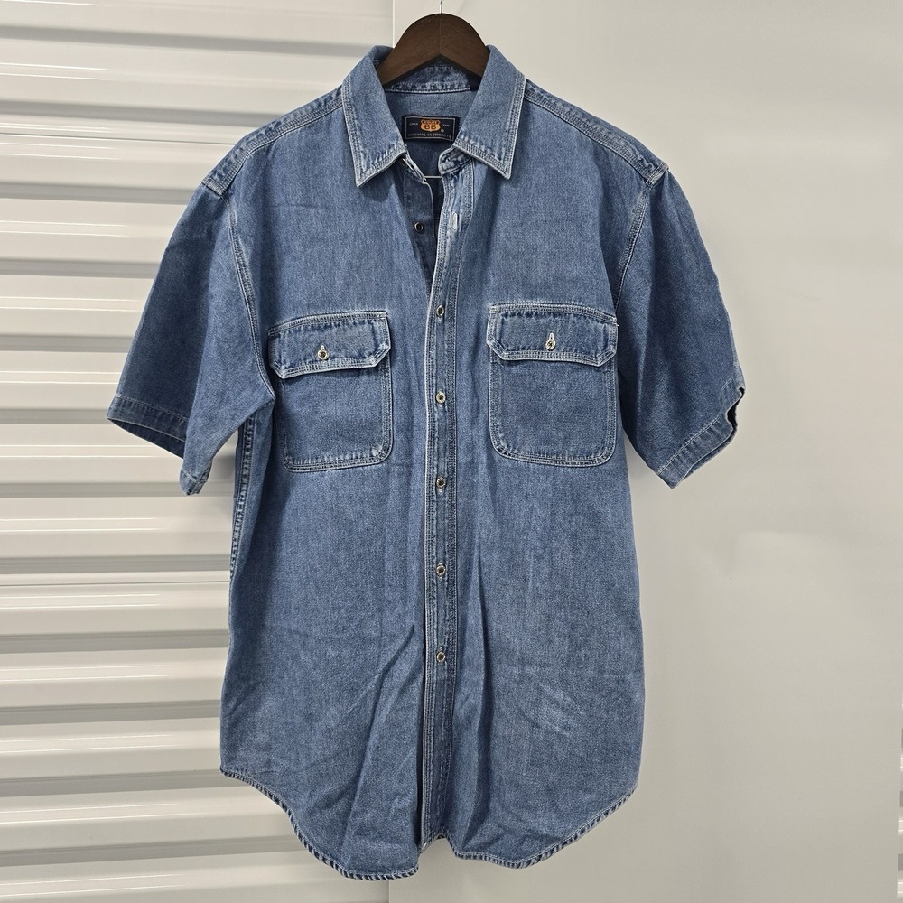 Y2K Route 66 Denim Shirt Mens Medium Blue Short Sleeve Button Up Western